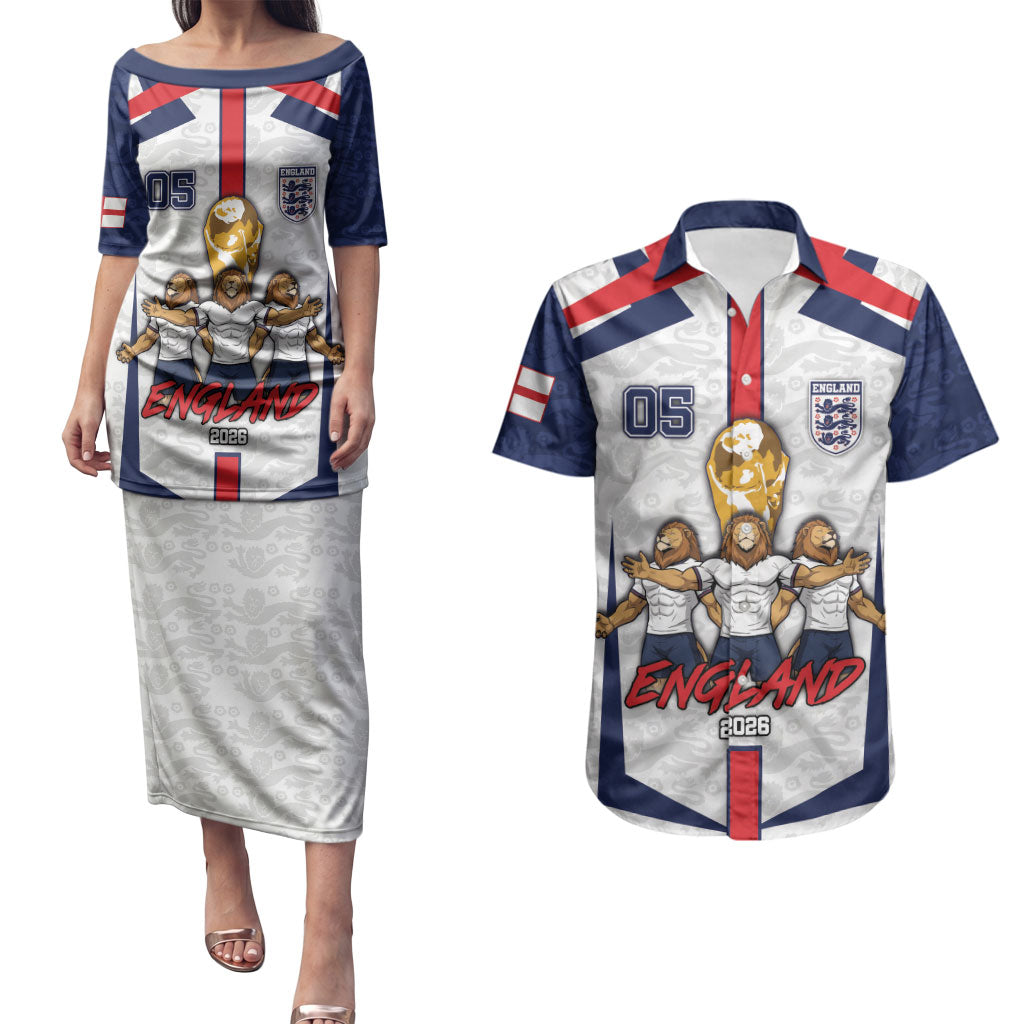 Custom England Football Couples Matching Puletasi and Hawaiian Shirt Three Lions Trophy St George Cross DT05 White - Polynesian Pride