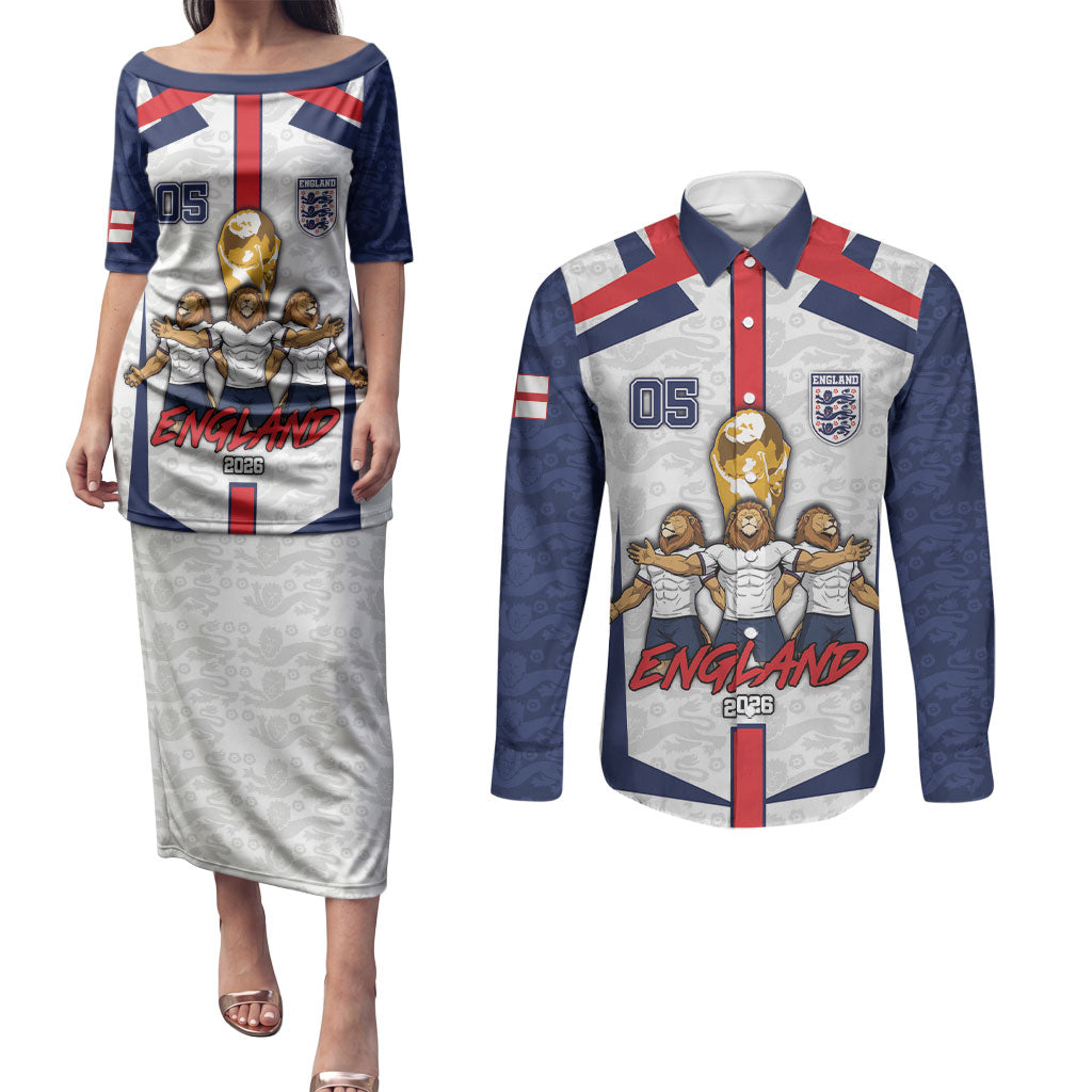 Custom England Football Couples Matching Puletasi and Long Sleeve Button Shirt Three Lions Trophy St George Cross DT05 White - Polynesian Pride