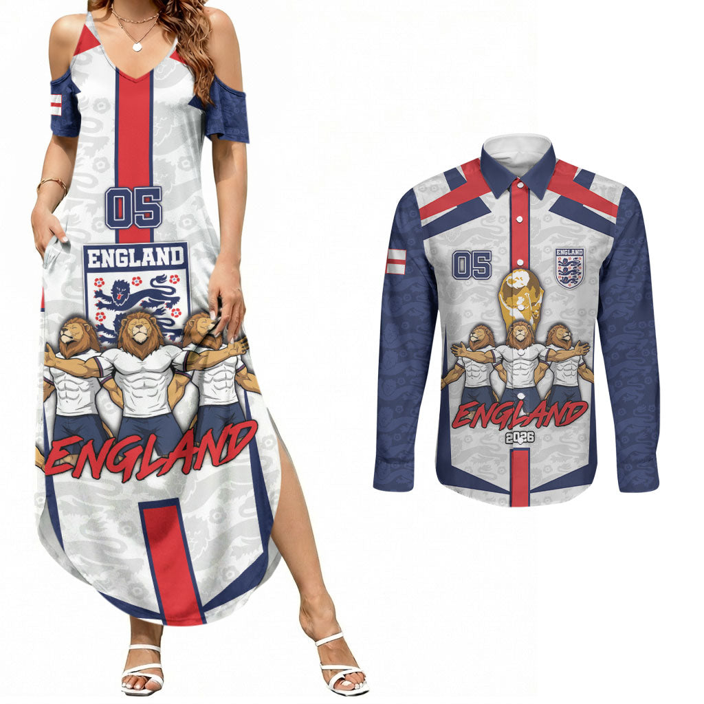 Custom England Football Couples Matching Summer Maxi Dress and Long Sleeve Button Shirt Three Lions Trophy St George Cross DT05 White - Polynesian Pride