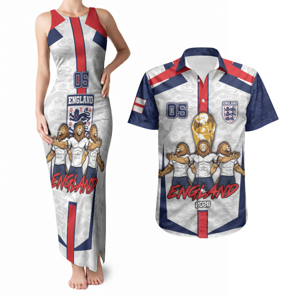 Custom England Football Couples Matching Tank Maxi Dress and Hawaiian Shirt Three Lions Trophy St George Cross DT05 White - Polynesian Pride
