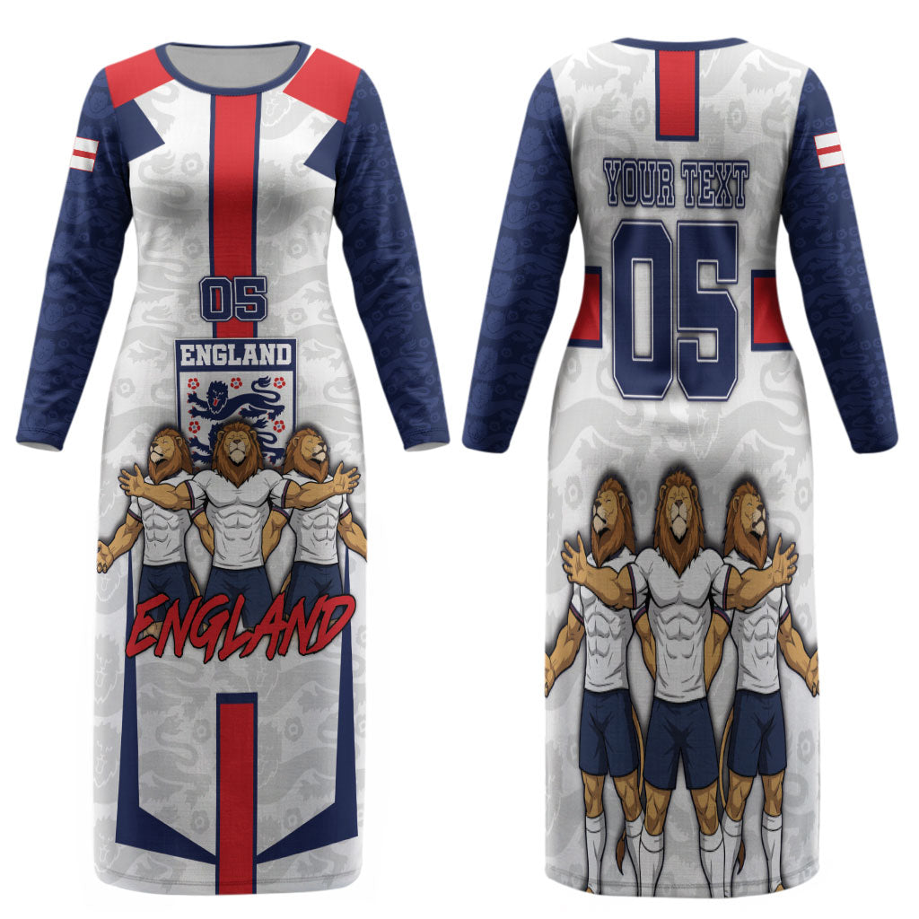 Custom England Football Family Matching Long Sleeve Bodycon Dress and Hawaiian Shirt Three Lions Trophy St George Cross DT05 Mom's Dress White - Polynesian Pride