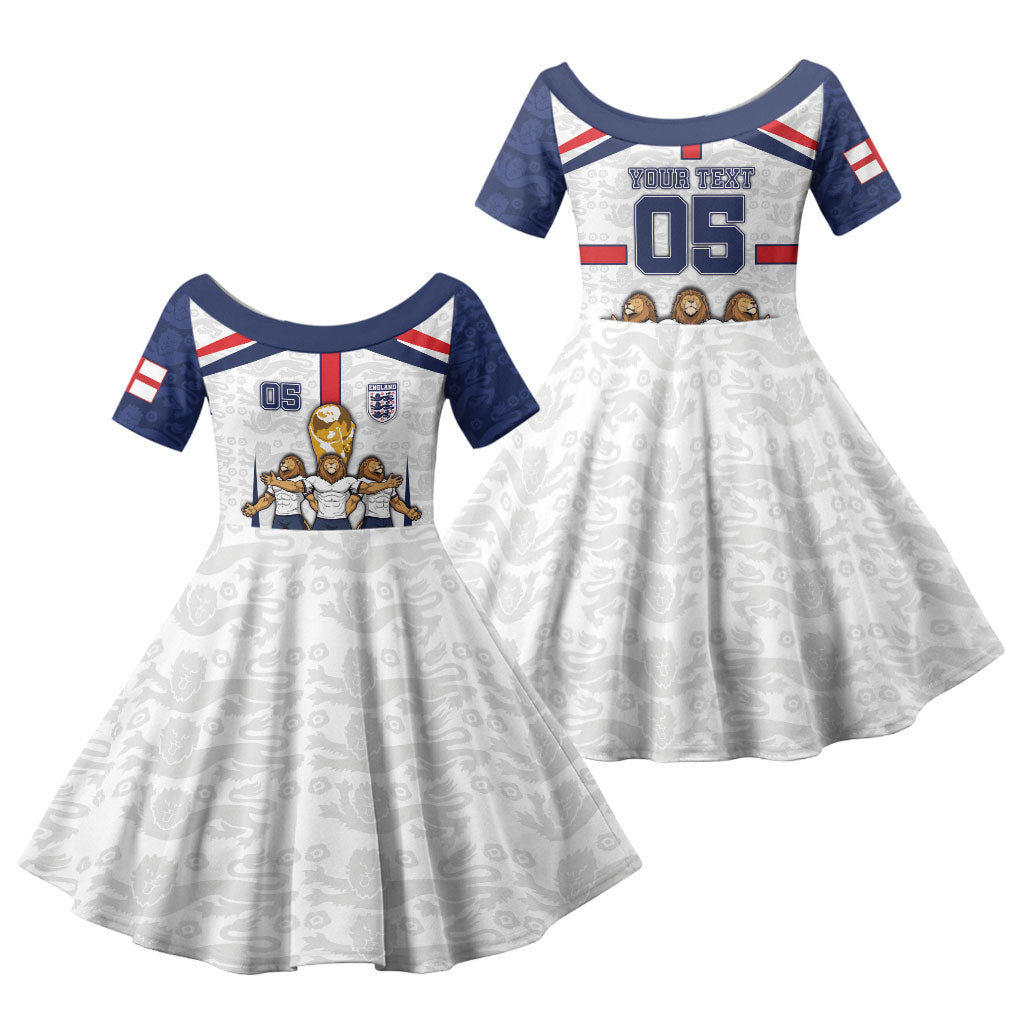 Custom England Football Family Matching Long Sleeve Bodycon Dress and Hawaiian Shirt Three Lions Trophy St George Cross DT05 Daughter's Dress White - Polynesian Pride