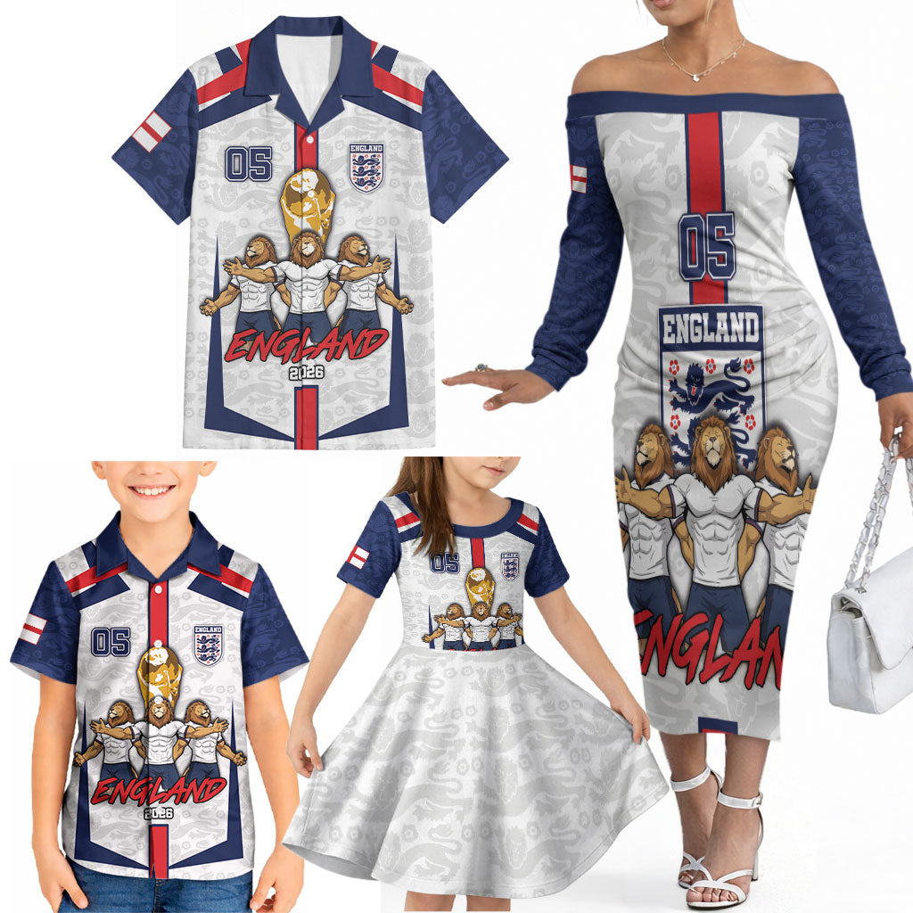 Custom England Football Family Matching Off The Shoulder Long Sleeve Dress and Hawaiian Shirt Three Lions Trophy St George Cross DT05 - Polynesian Pride
