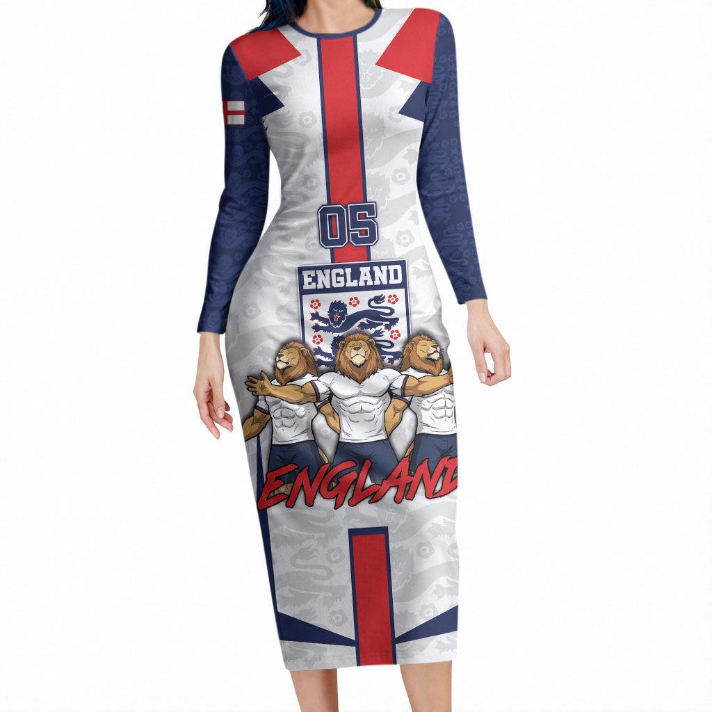 Custom England Football Long Sleeve Bodycon Dress Three Lions Trophy St George Cross DT05 Long Dress White - Polynesian Pride