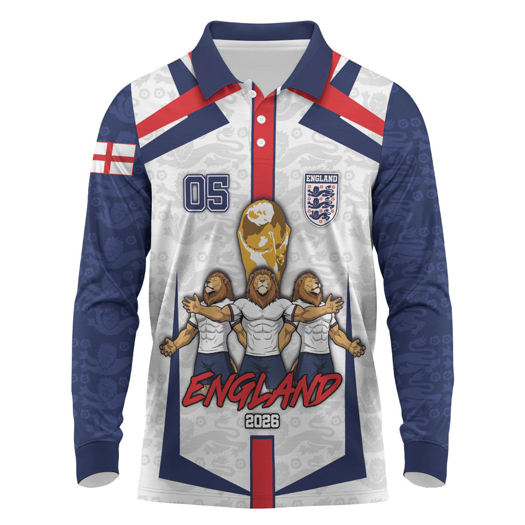 Custom England Football Long Sleeve Polo Shirt Three Lions Trophy St George Cross DT05 White - Polynesian Pride