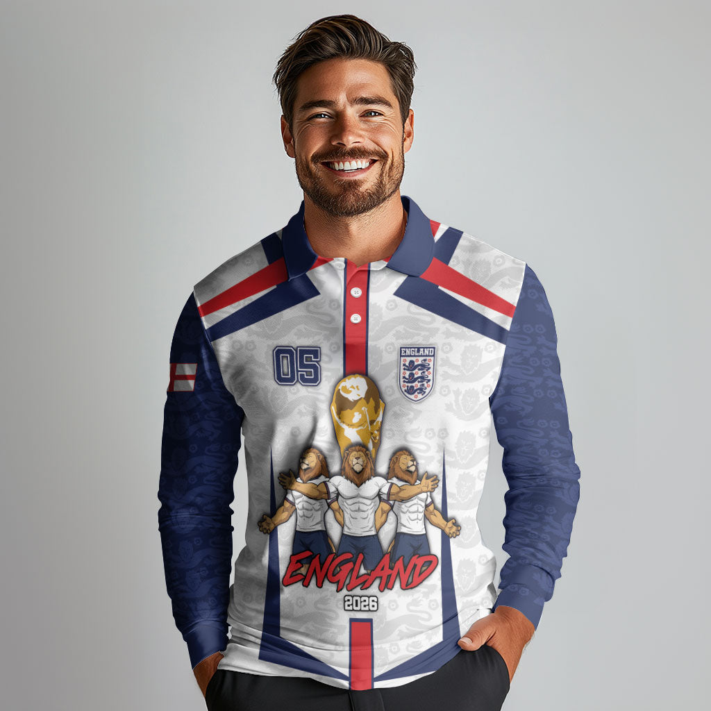 Custom England Football Long Sleeve Polo Shirt Three Lions Trophy St George Cross DT05 - Polynesian Pride