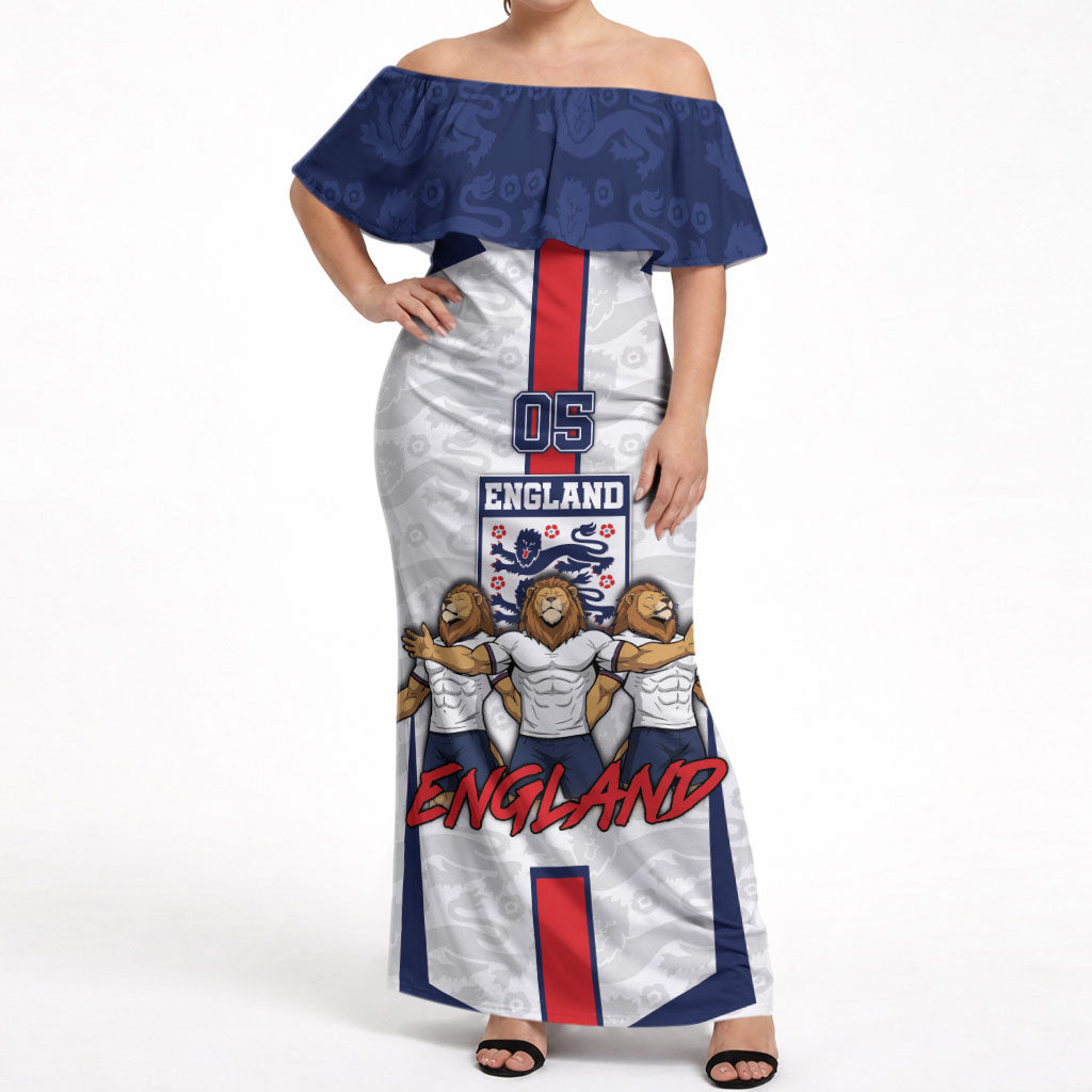 Custom England Football Off Shoulder Maxi Dress Three Lions Trophy St George Cross DT05 Women White - Polynesian Pride