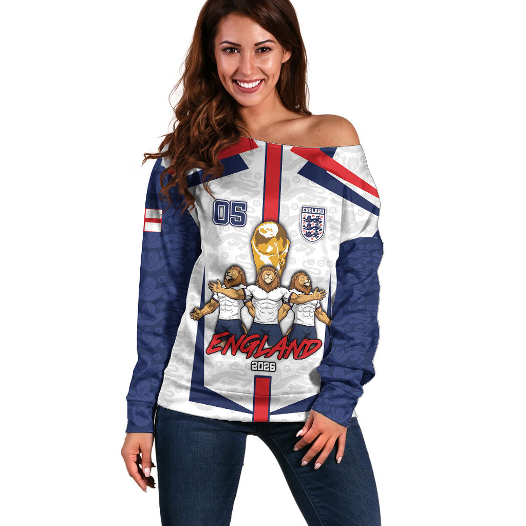 Custom England Football Off Shoulder Sweater Three Lions Trophy St George Cross DT05 Women White - Polynesian Pride