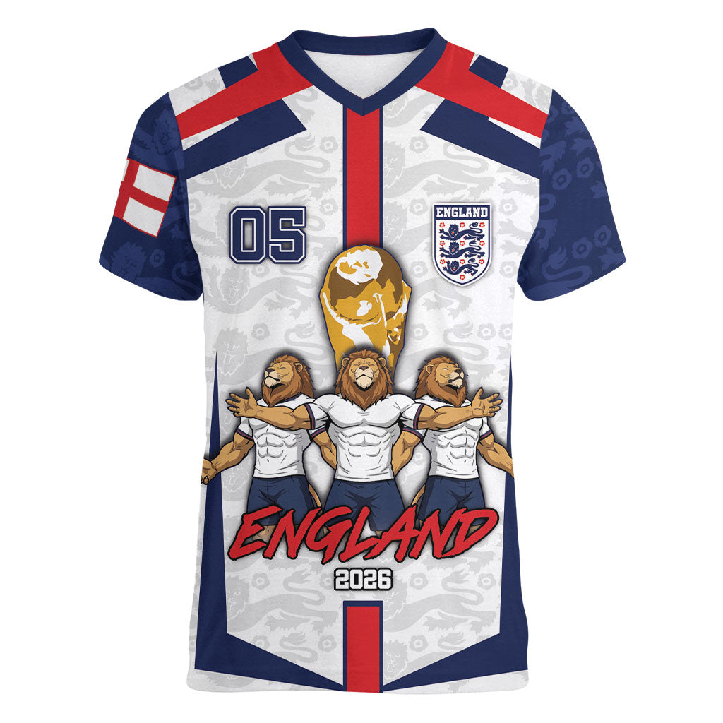 Custom England Football Women V-Neck T-Shirt Three Lions Trophy St George Cross DT05 Female White - Polynesian Pride