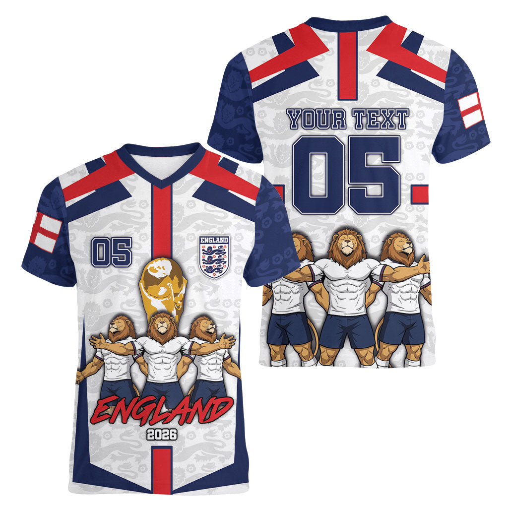 Custom England Football Women V-Neck T-Shirt Three Lions Trophy St George Cross DT05 - Polynesian Pride