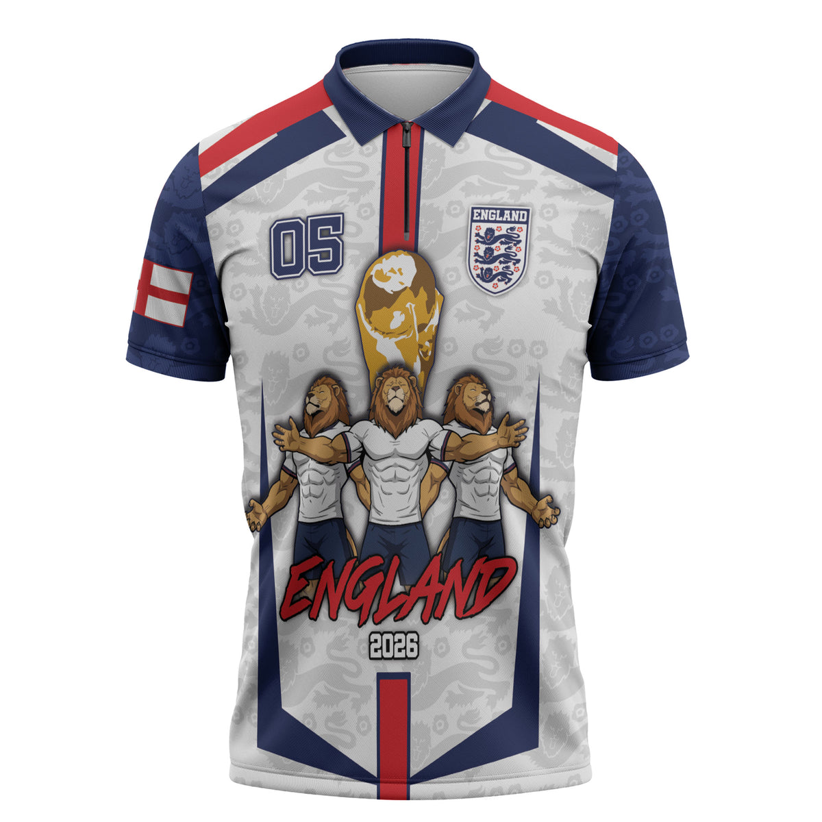 Custom England Football Zipper Polo Shirt Three Lions Trophy St George Cross DT05 White - Polynesian Pride