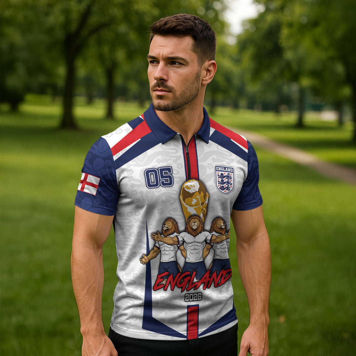 Custom England Football Zipper Polo Shirt Three Lions Trophy St George Cross DT05 - Polynesian Pride