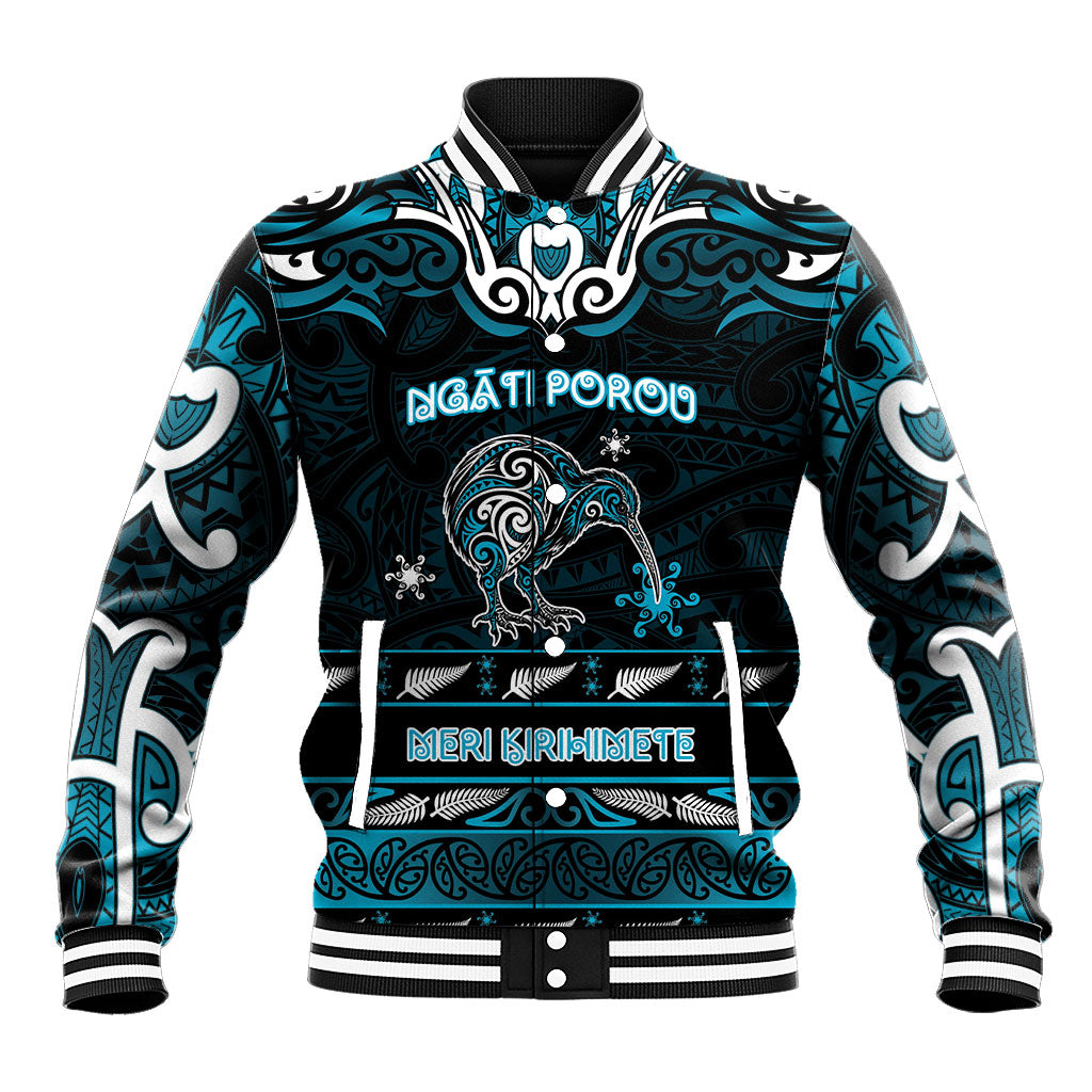 Personalised Ngati Porou Aotearoa Meri Kirihimete Baseball Jacket Maori Kiwi Bird Silver Fern Koru Pattern DT05 Unisex Blue - Polynesian Pride