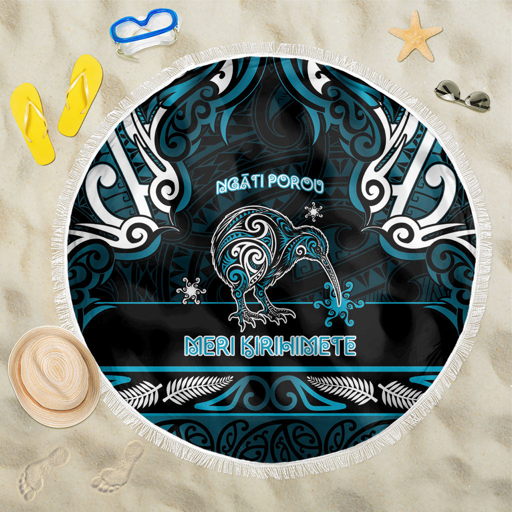 Ngati Porou Aotearoa Meri Kirihimete Beach Blanket Maori Kiwi Bird Silver Fern Koru Pattern DT05 One Size 150cm Blue - Polynesian Pride