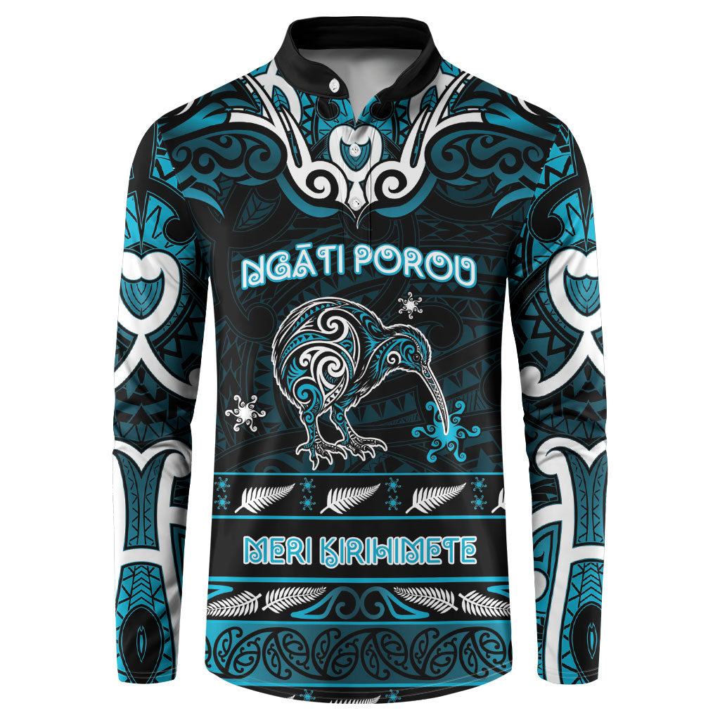 Personalised Ngati Porou Aotearoa Meri Kirihimete Button Sweatshirt Maori Kiwi Bird Silver Fern Koru Pattern DT05 Blue - Polynesian Pride