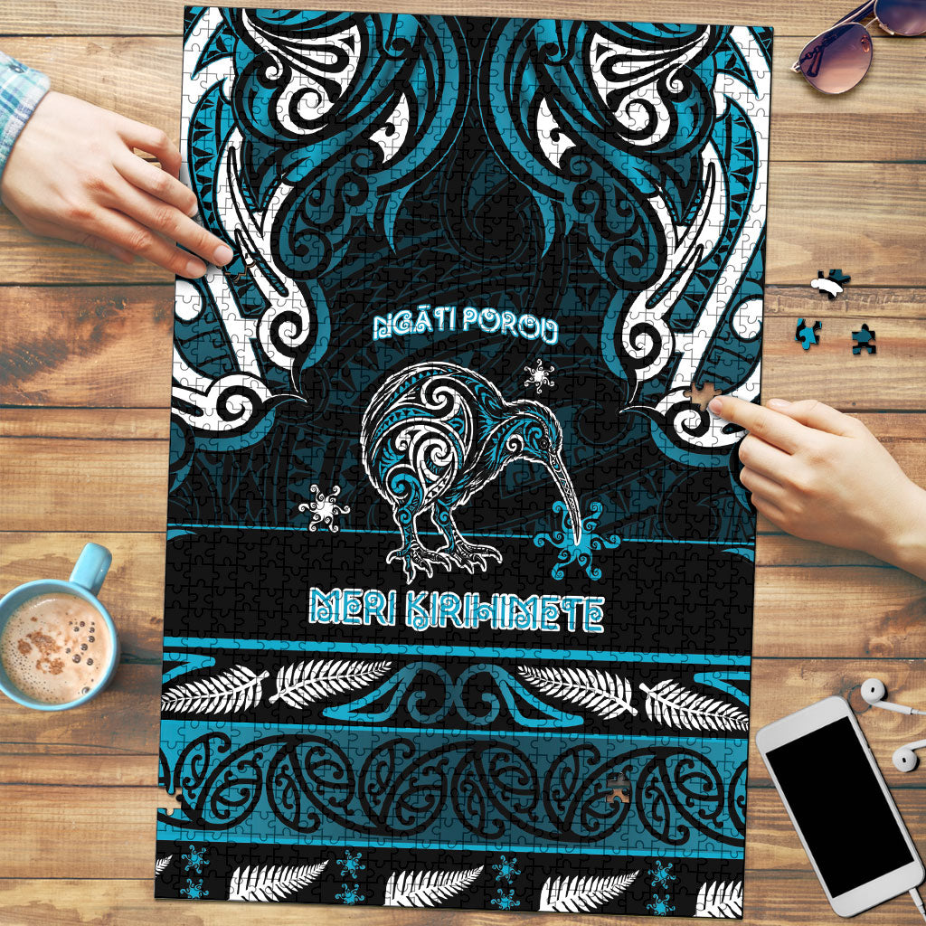 Ngati Porou Aotearoa Meri Kirihimete Puzzle Maori Kiwi Bird Silver Fern Koru Pattern DT05 Blue - Polynesian Pride