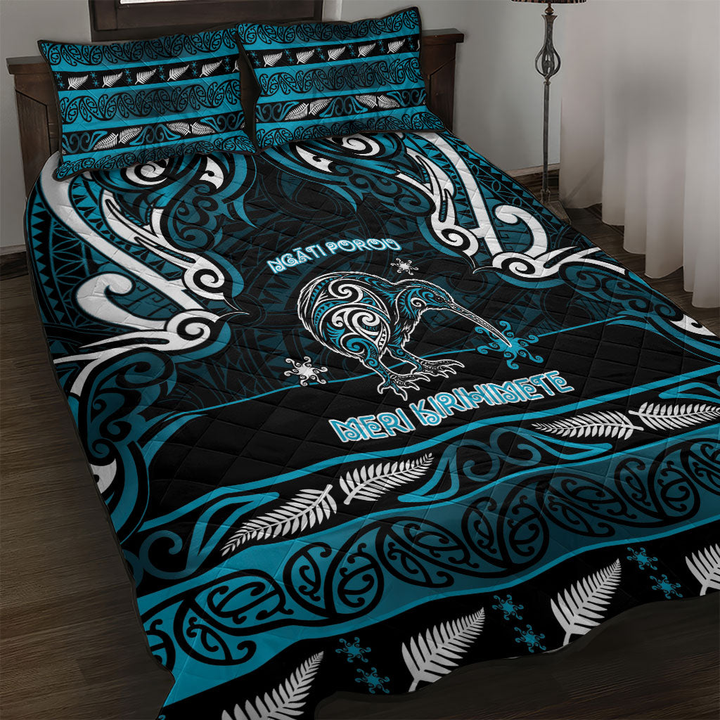 Ngati Porou Aotearoa Meri Kirihimete Quilt Bed Set Maori Kiwi Bird Silver Fern Koru Pattern DT05 Blue - Polynesian Pride