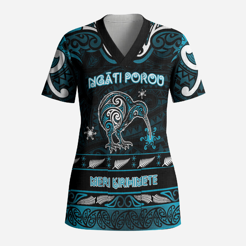 Personalised Ngati Porou Aotearoa Meri Kirihimete Scrub Top Maori Kiwi Bird Silver Fern Koru Pattern