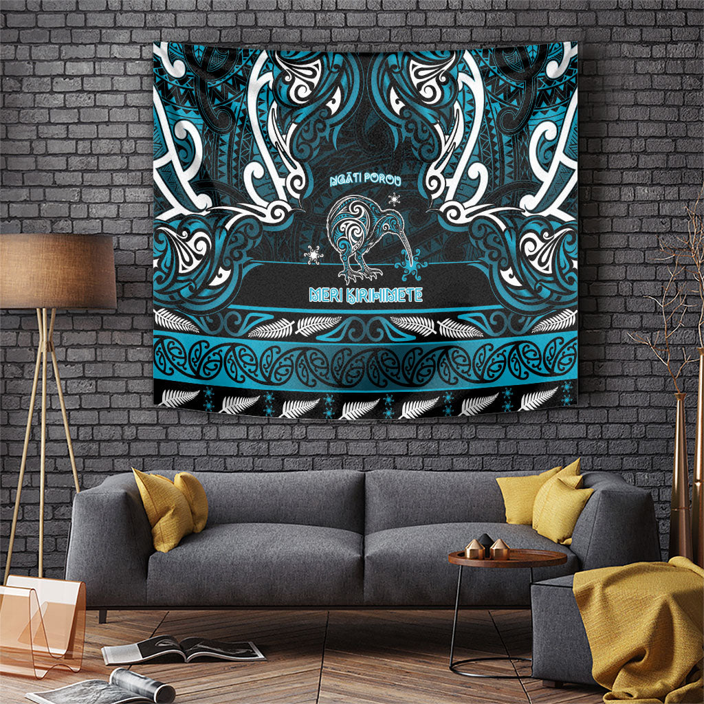 Ngati Porou Aotearoa Meri Kirihimete Tapestry Maori Kiwi Bird Silver Fern Koru Pattern DT05 Blue - Polynesian Pride