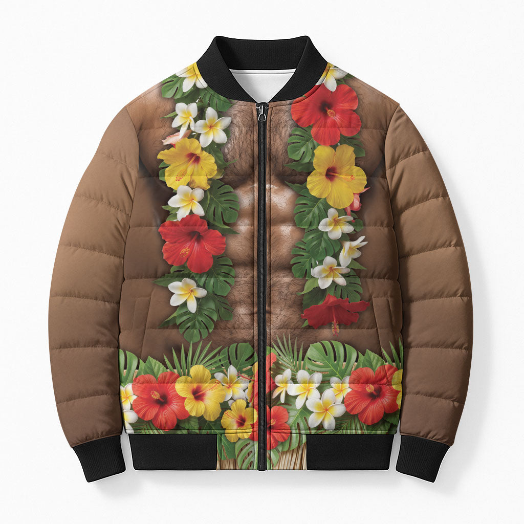 Muscle Hairy Hawaii 3D Funny Graphic Bomber Puffer Jacket Six Pack Abs Flower Lei Luau Prank DT05 Unisex Beige - Polynesian Pride