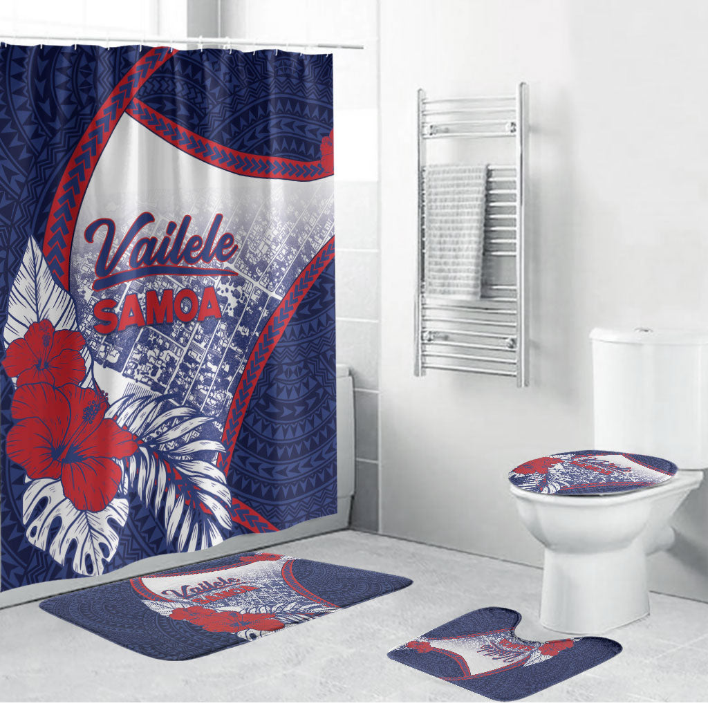 Vailele Samoa Village Bathroom Set Map Polynesian Tribal Hibiscus Floral DT05 Bathroom Set (4 pcs) Navy - Polynesian Pride