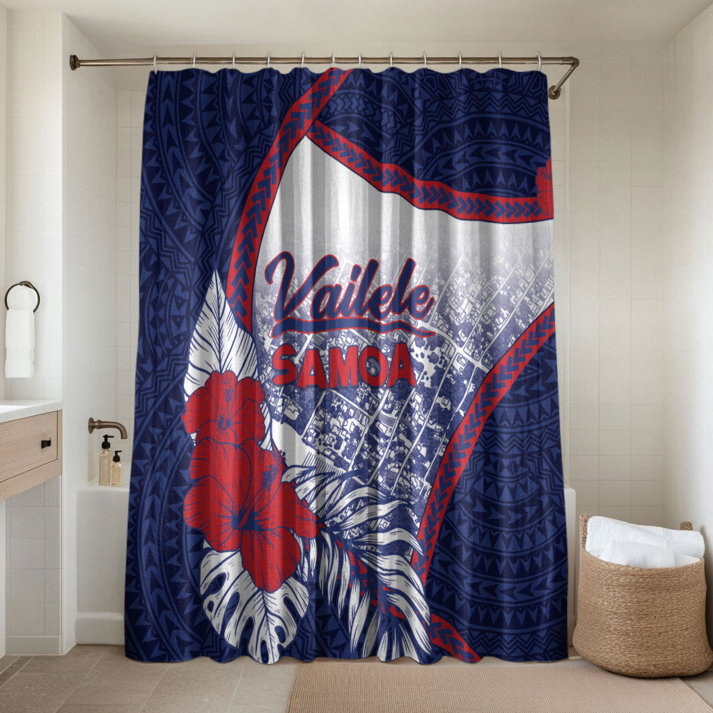 Vailele Samoa Village Bathroom Set Map Polynesian Tribal Hibiscus Floral DT05 Shower Curtain Only Navy - Polynesian Pride