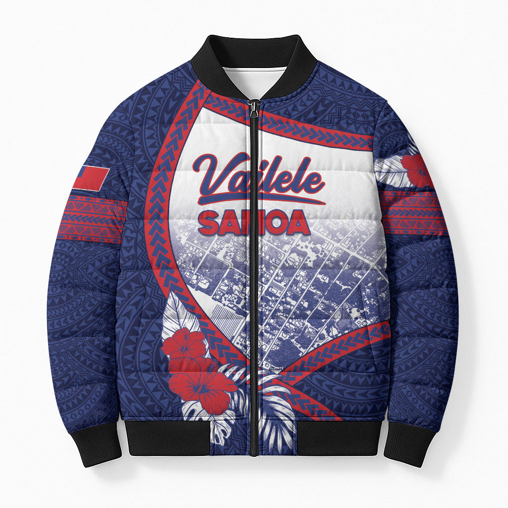 Personalised Vailele Samoa Village Bomber Puffer Jacket Map Polynesian Tribal Hibiscus Floral DT05 Unisex Navy - Polynesian Pride