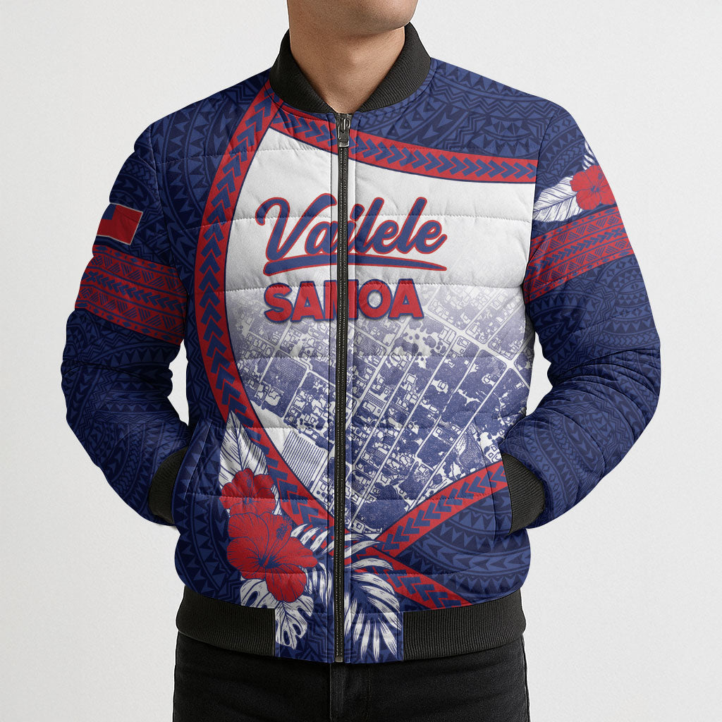 Personalised Vailele Samoa Village Bomber Puffer Jacket Map Polynesian Tribal Hibiscus Floral DT05 - Polynesian Pride