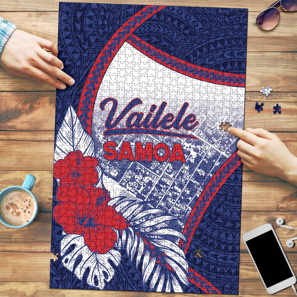 Vailele Samoa Village Puzzle Map Polynesian Tribal Hibiscus Floral DT05 Navy - Polynesian Pride