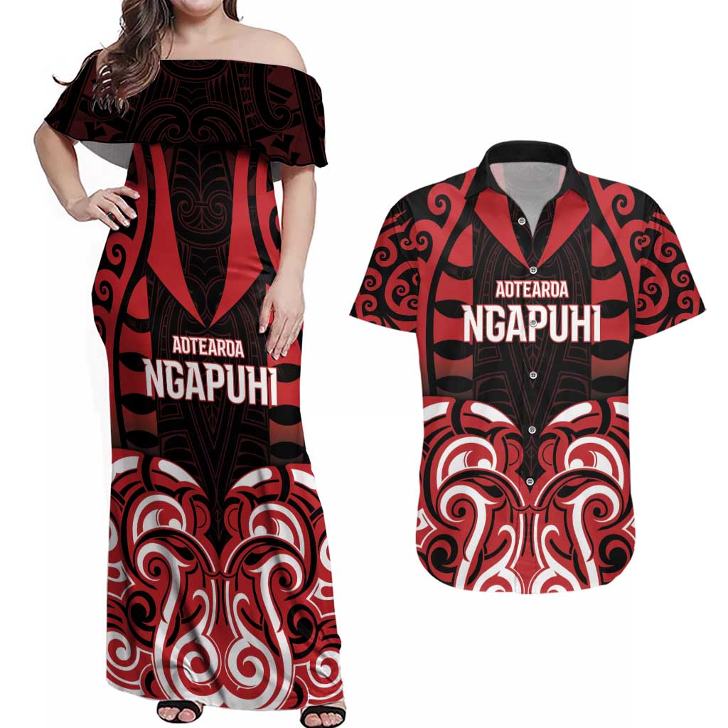 Custom Aotearoa Ngapuhi Couples Matching Off Shoulder Maxi Dress and Hawaiian Shirt Maori Pattern New Zealand - Polynesian Pride