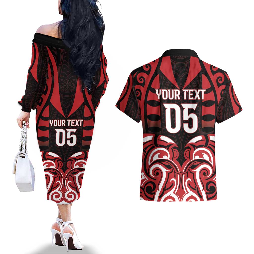 Custom Aotearoa Ngapuhi Couples Matching Off The Shoulder Long Sleeve Dress and Hawaiian Shirt Maori Pattern New Zealand - Polynesian Pride
