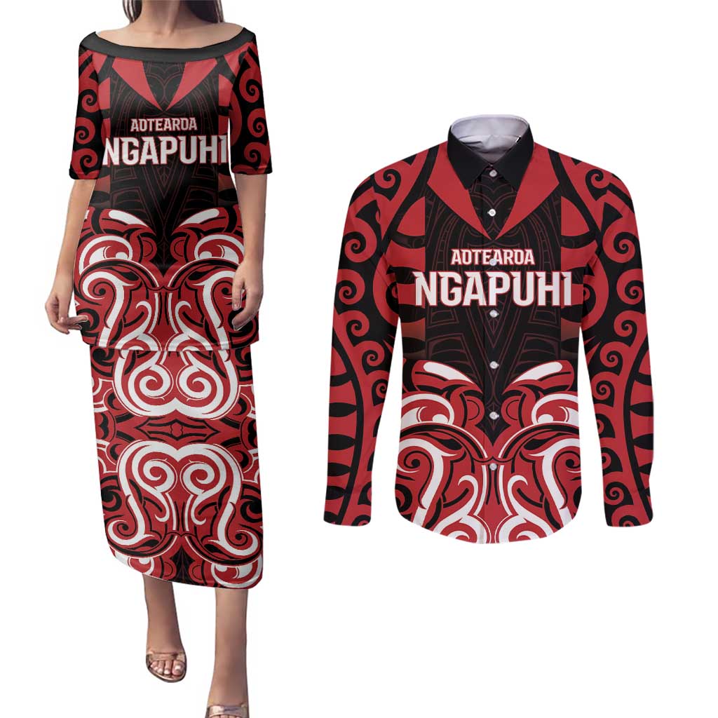 Custom Aotearoa Ngapuhi Couples Matching Puletasi and Long Sleeve Button Shirt Maori Pattern New Zealand DT05 Red - Polynesian Pride