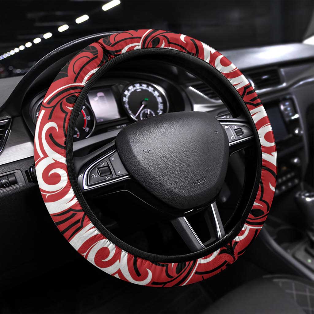 Aotearoa Ngapuhi Steering Wheel Cover Maori Pattern New Zealand DT05 Universal Fit Red - Polynesian Pride