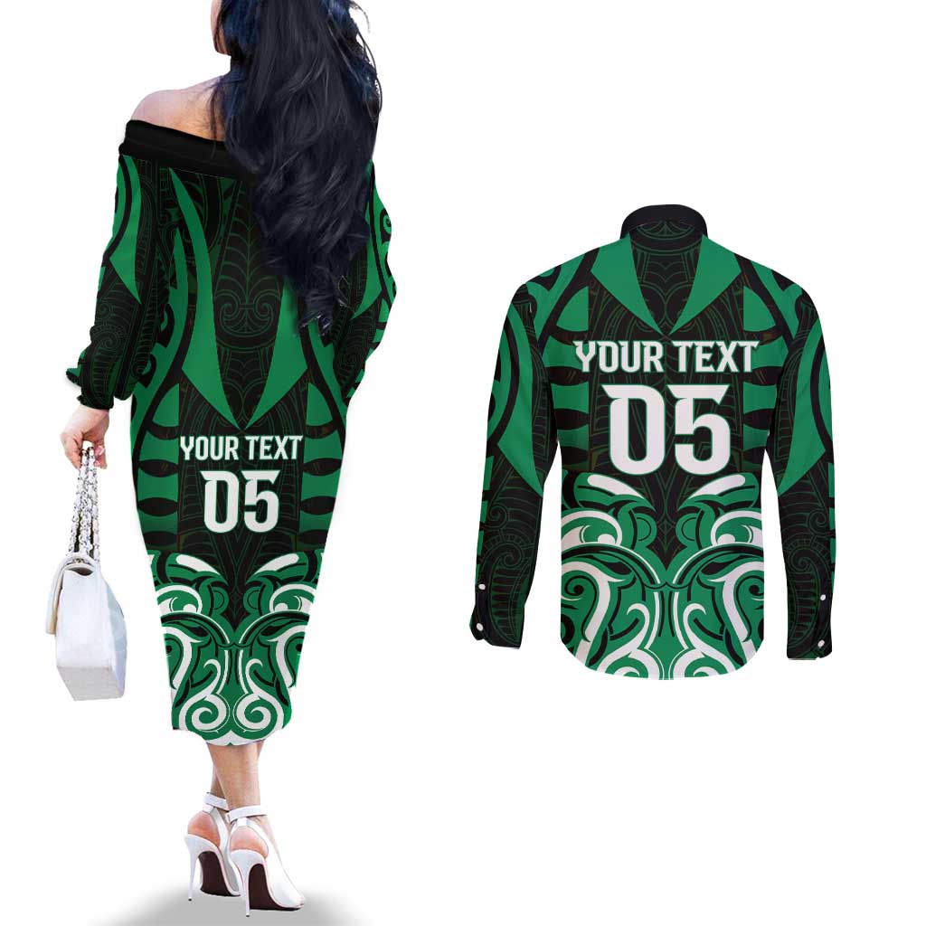 Custom Aotearoa Ngai Tahu Couples Matching Off The Shoulder Long Sleeve Dress and Long Sleeve Button Shirt Maori Pattern New Zealand - Polynesian Pride