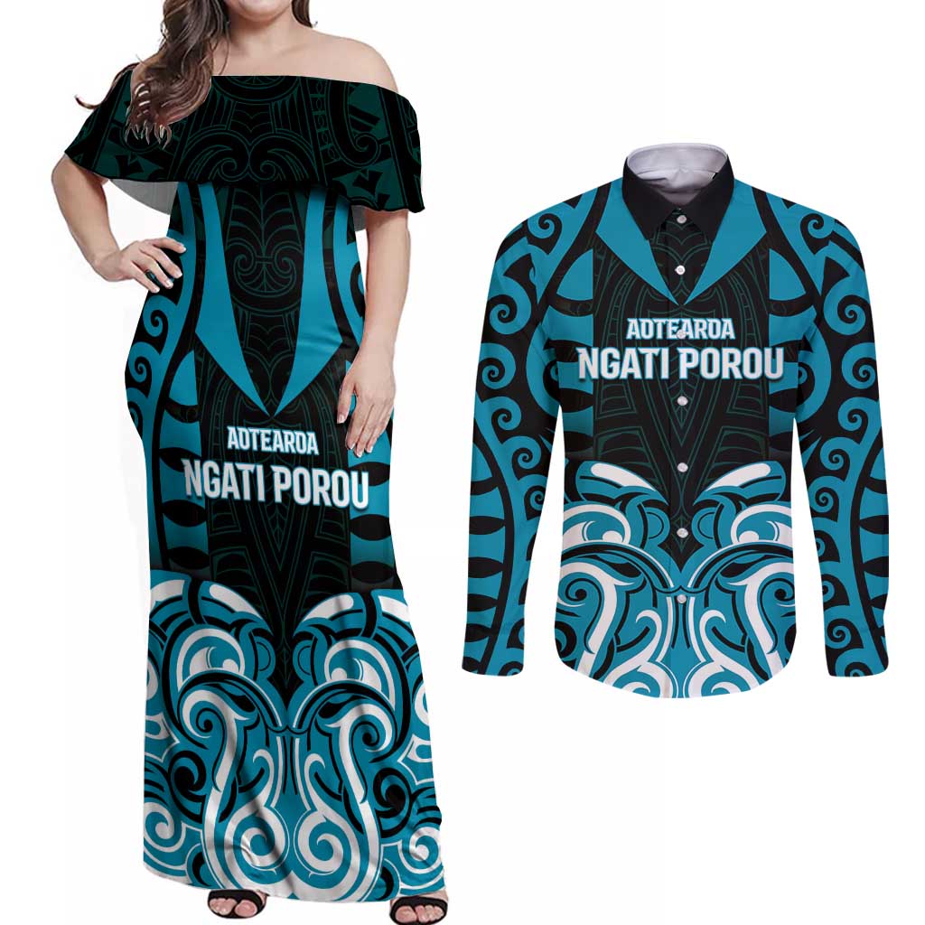 Custom Aotearoa Ngati Porou Couples Matching Off Shoulder Maxi Dress and Long Sleeve Button Shirt Maori Pattern New Zealand - Polynesian Pride
