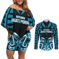 Custom Aotearoa Ngati Porou Couples Matching Off Shoulder Short Dress and Long Sleeve Button Shirt Maori Pattern New Zealand - Polynesian Pride