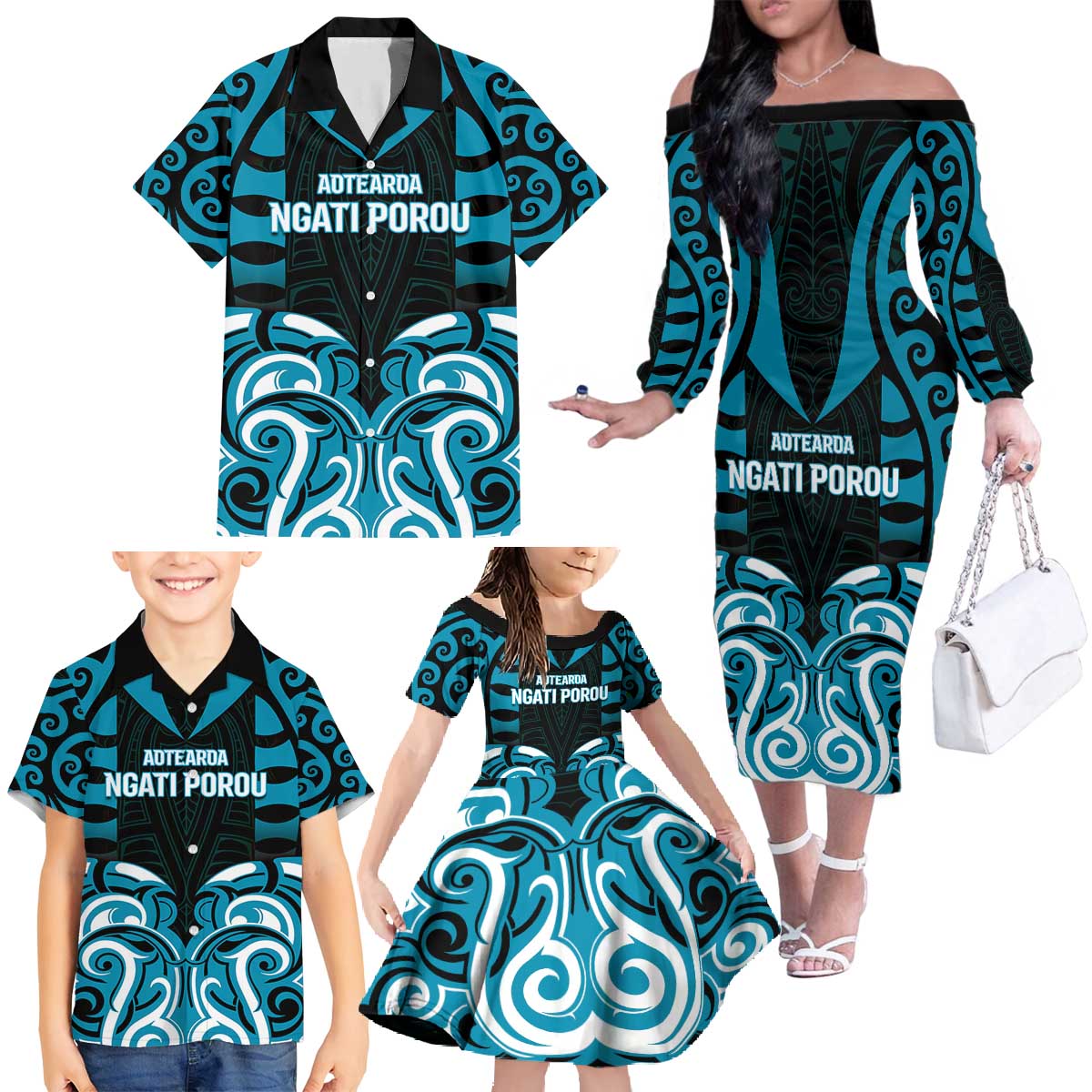 Custom Aotearoa Ngati Porou Family Matching Off The Shoulder Long Sleeve Dress and Hawaiian Shirt Maori Pattern New Zealand DT05 - Polynesian Pride