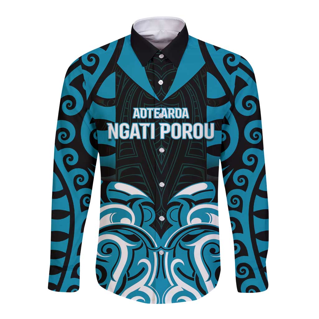 Custom Aotearoa Ngati Porou Long Sleeve Button Shirt Maori Pattern New Zealand DT05 Unisex Blue - Polynesian Pride