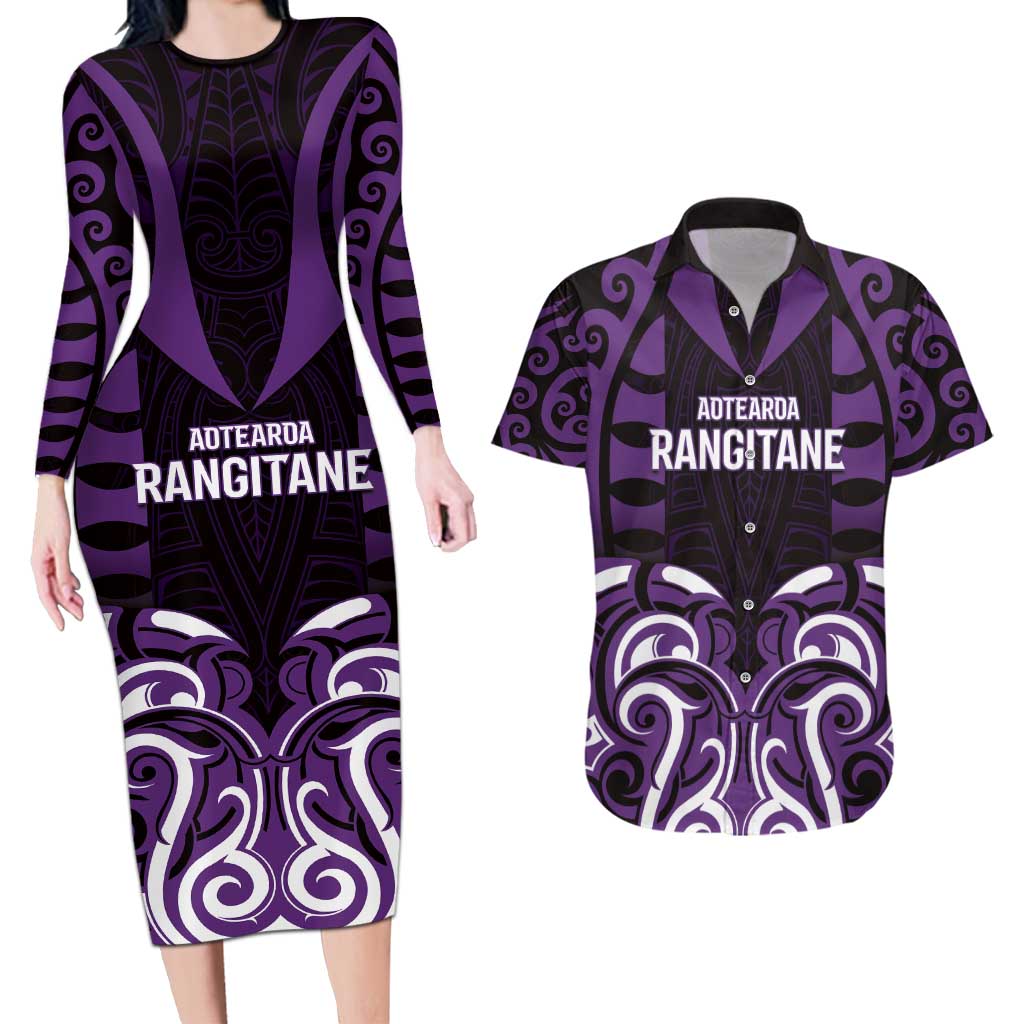 Custom Aotearoa Rangitane Couples Matching Long Sleeve Bodycon Dress and Hawaiian Shirt Maori Pattern New Zealand DT05 Purple - Polynesian Pride