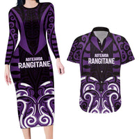 Custom Aotearoa Rangitane Couples Matching Long Sleeve Bodycon Dress and Hawaiian Shirt Maori Pattern New Zealand DT05 Purple - Polynesian Pride