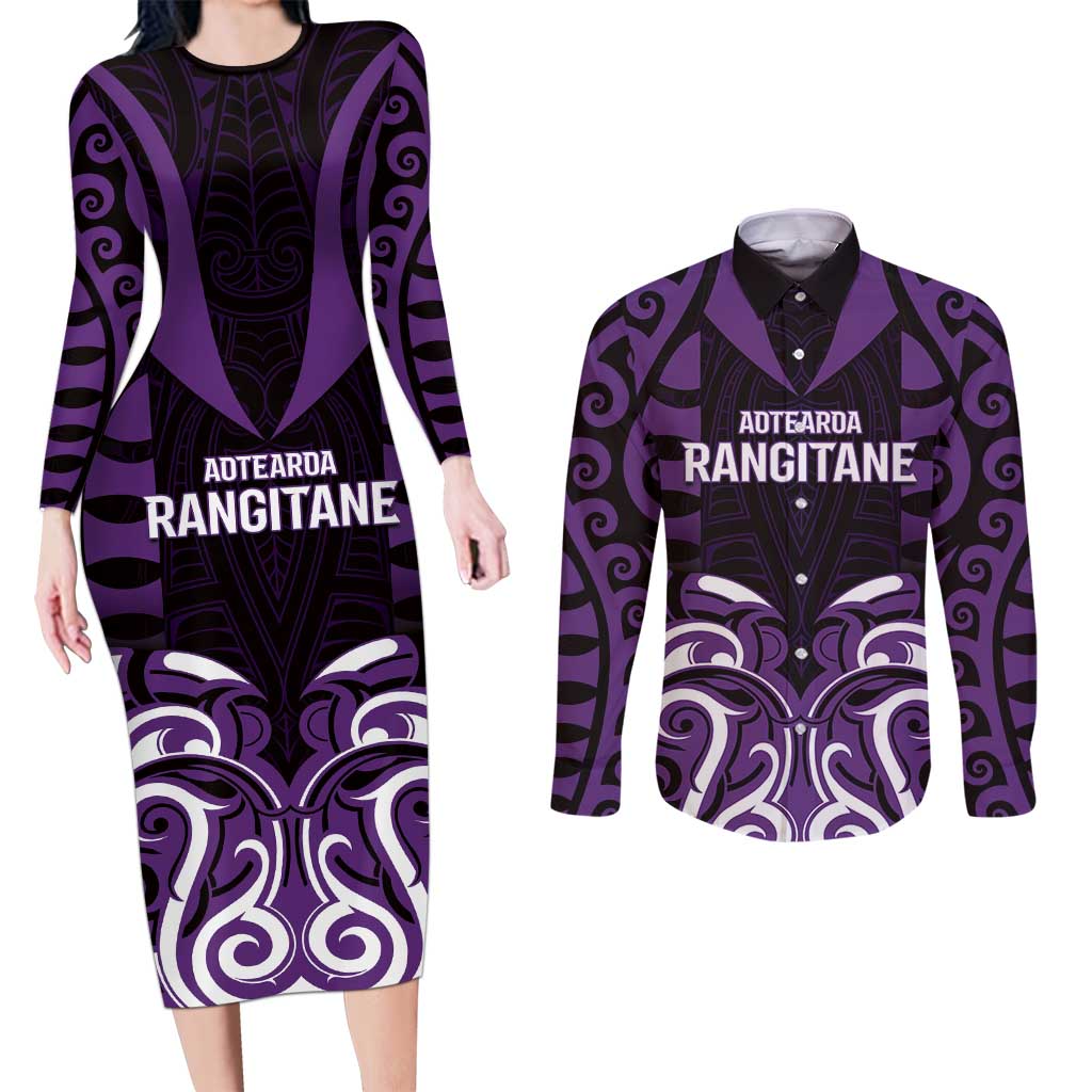 Custom Aotearoa Rangitane Couples Matching Long Sleeve Bodycon Dress and Long Sleeve Button Shirt Maori Pattern New Zealand DT05 Purple - Polynesian Pride