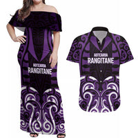 Custom Aotearoa Rangitane Couples Matching Off Shoulder Maxi Dress and Hawaiian Shirt Maori Pattern New Zealand DT05 Purple - Polynesian Pride