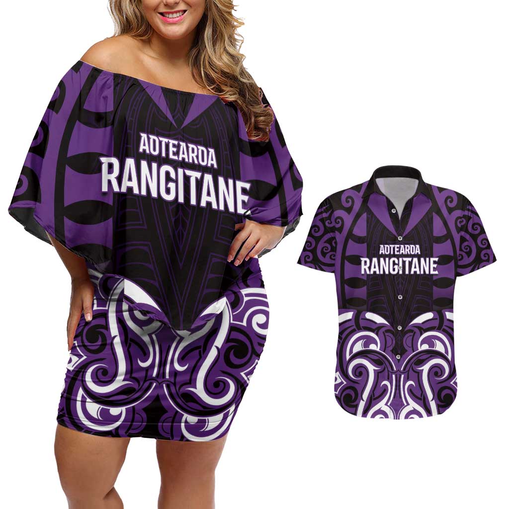 Custom Aotearoa Rangitane Couples Matching Off Shoulder Short Dress and Hawaiian Shirt Maori Pattern New Zealand - Polynesian Pride