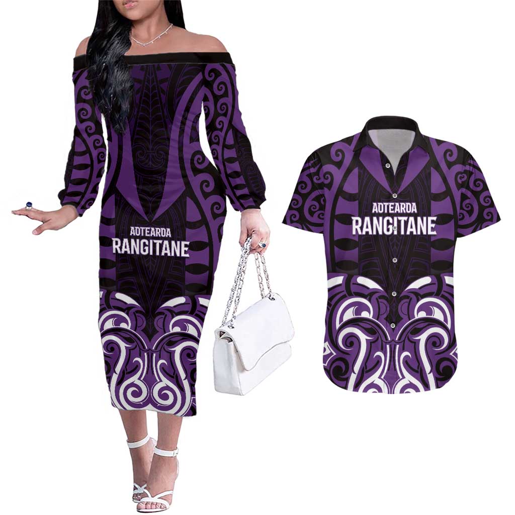 Custom Aotearoa Rangitane Couples Matching Off The Shoulder Long Sleeve Dress and Hawaiian Shirt Maori Pattern New Zealand DT05 Purple - Polynesian Pride