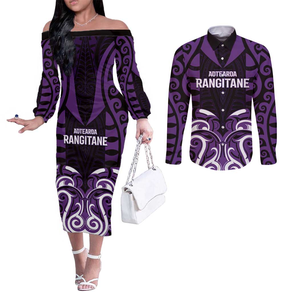 Custom Aotearoa Rangitane Couples Matching Off The Shoulder Long Sleeve Dress and Long Sleeve Button Shirt Maori Pattern New Zealand DT05 Purple - Polynesian Pride
