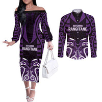 Custom Aotearoa Rangitane Couples Matching Off The Shoulder Long Sleeve Dress and Long Sleeve Button Shirt Maori Pattern New Zealand DT05 Purple - Polynesian Pride