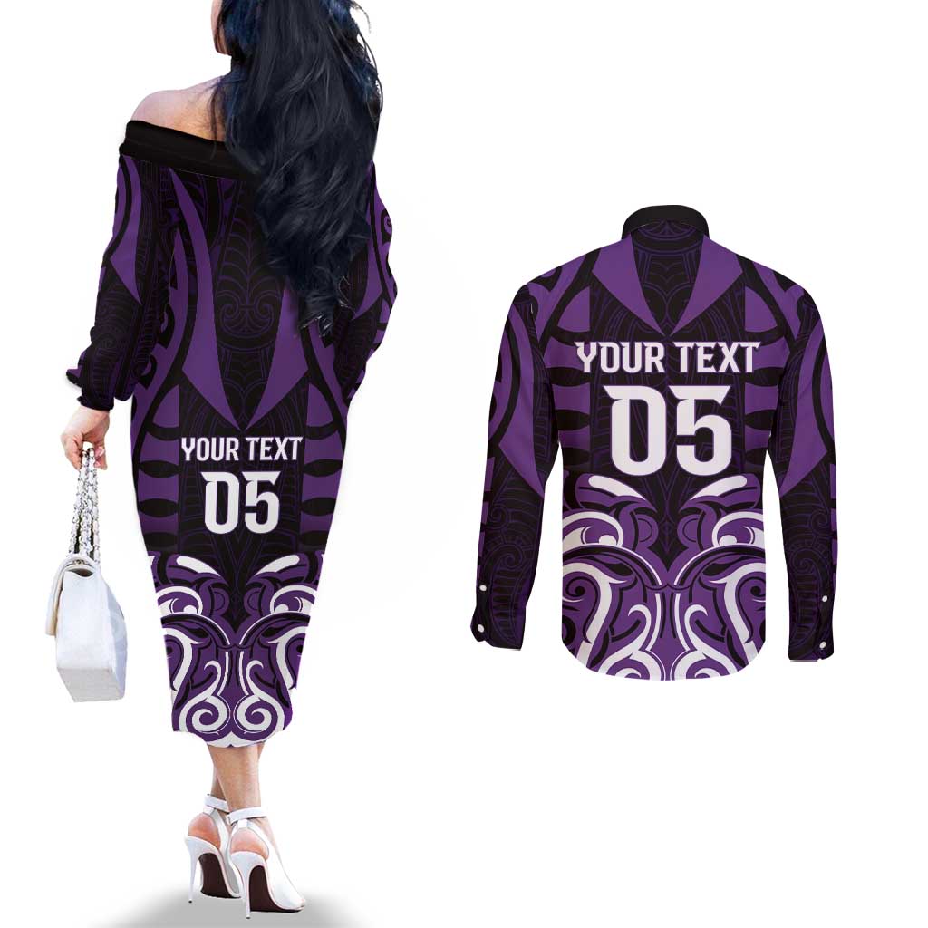 Custom Aotearoa Rangitane Couples Matching Off The Shoulder Long Sleeve Dress and Long Sleeve Button Shirt Maori Pattern New Zealand DT05 - Polynesian Pride