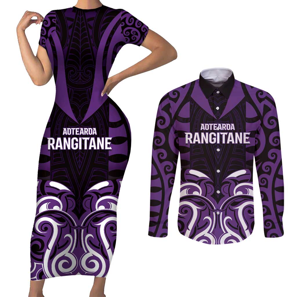 Custom Aotearoa Rangitane Couples Matching Short Sleeve Bodycon Dress and Long Sleeve Button Shirt Maori Pattern New Zealand DT05 Purple - Polynesian Pride