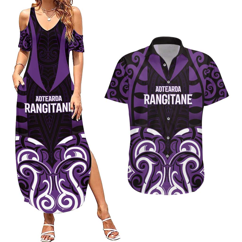 Custom Aotearoa Rangitane Couples Matching Summer Maxi Dress and Hawaiian Shirt Maori Pattern New Zealand DT05 Purple - Polynesian Pride