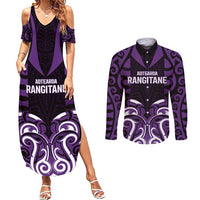 Custom Aotearoa Rangitane Couples Matching Summer Maxi Dress and Long Sleeve Button Shirt Maori Pattern New Zealand DT05 Purple - Polynesian Pride